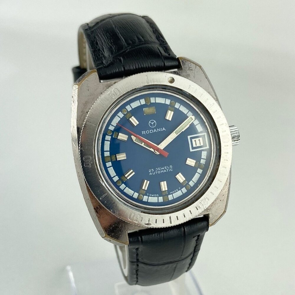 Vintage Rodania 25 Jewel Mens Automatic Wristwatch AS 1913 Steel Blue Dial Diver